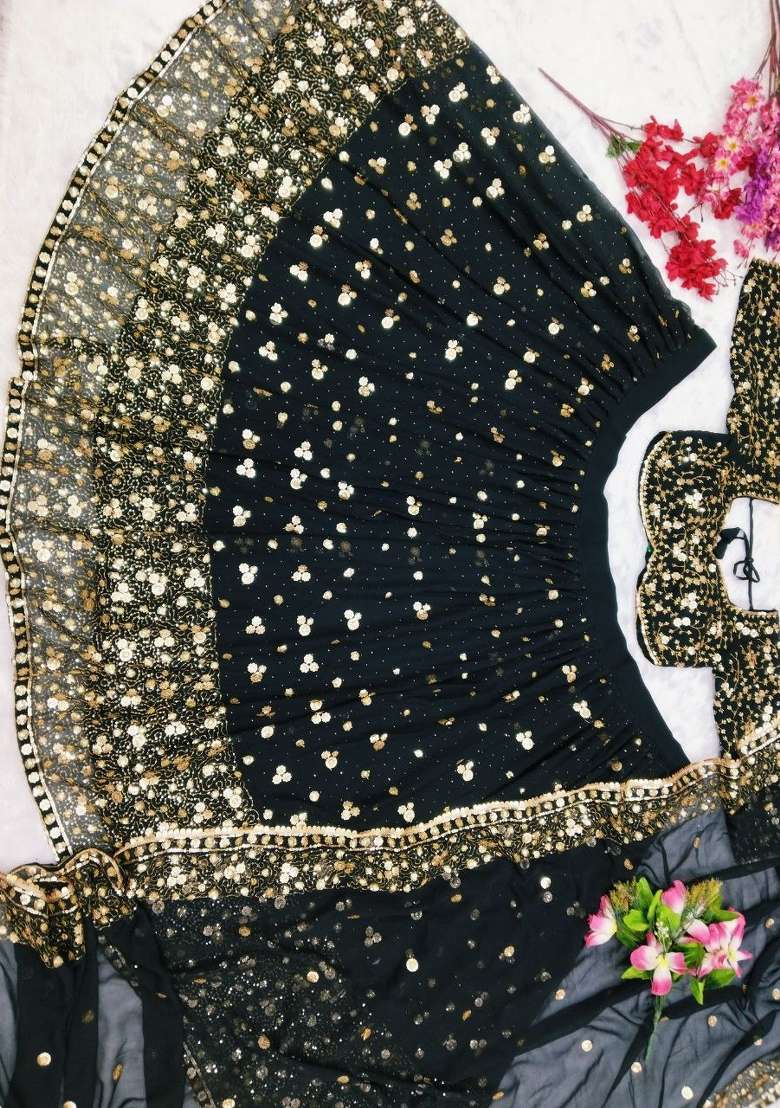 Black Embroidered Georgette Lahenga Set for Diwali | Wedding & Festive Wear - Indya