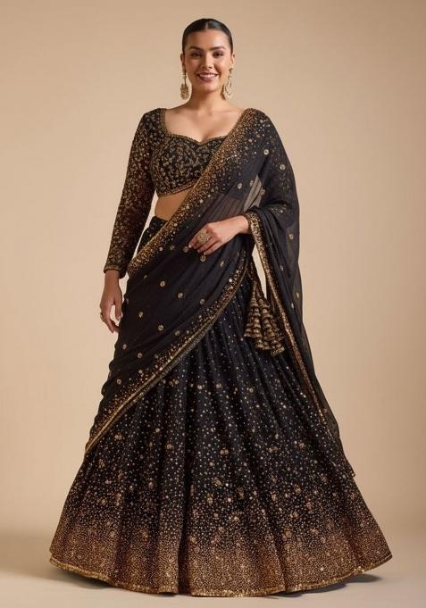 Black Embroidered Georgette Lahenga Set