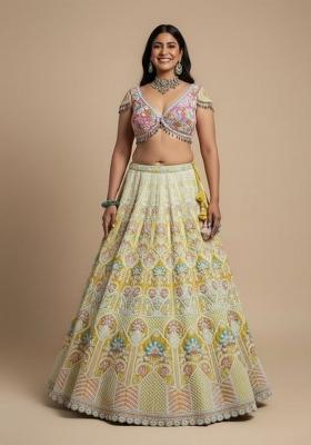 Yellow Embroidered Silk Blend Lahenga Set