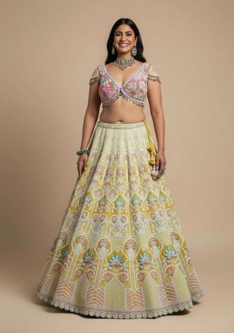 Yellow Embroidered Silk Blend Lahenga Set for Diwali and Festive Wear - Indya