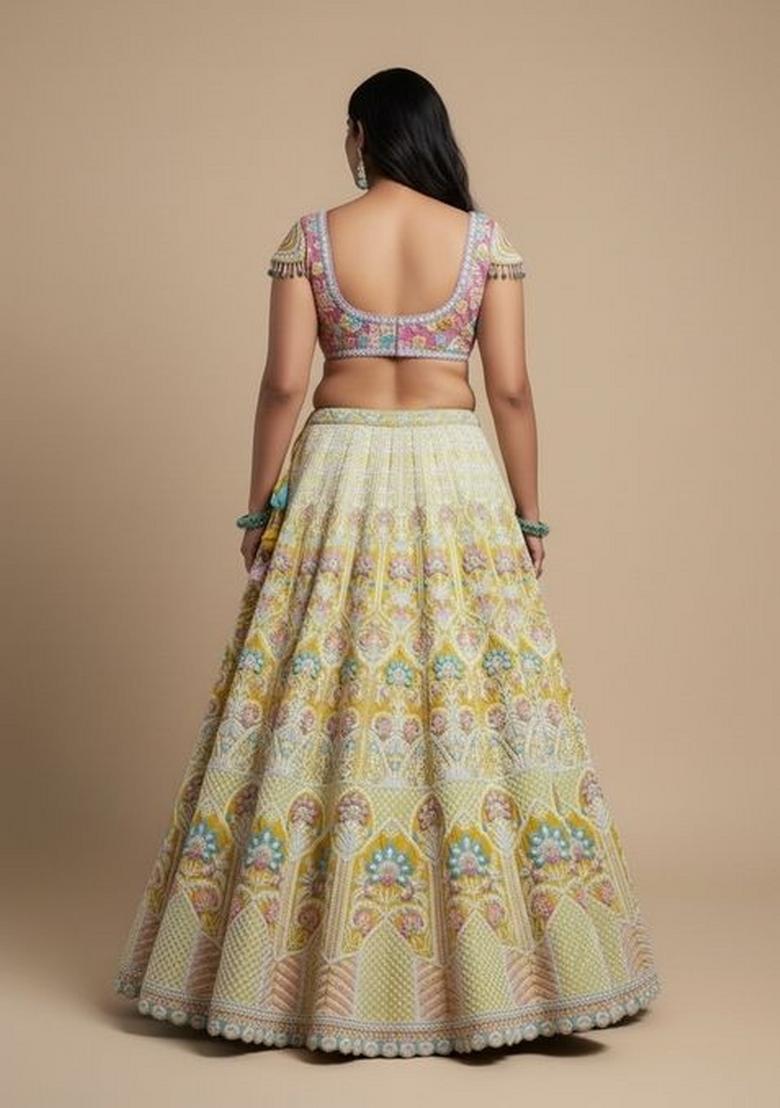Yellow Embroidered Silk Blend Lahenga Set - Indya