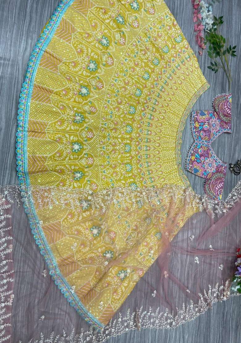 Yellow Embroidered Silk Blend Lahenga Set for Diwali and Festive Wear - Indya