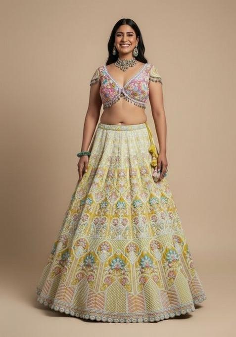 Yellow Embroidered Silk Blend Lahenga Set