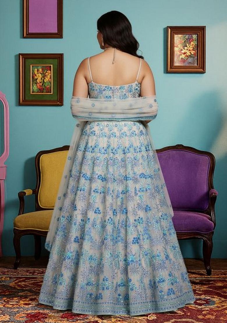 Blue Thread Work Georgette Lahenga Set - Indya