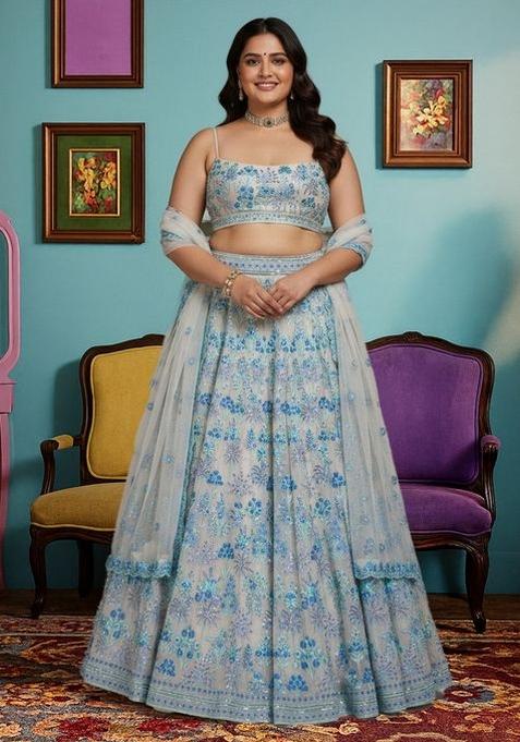 Blue Thread Work Georgette Lahenga Set