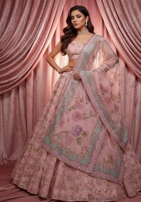Light Pink Sequins Work Silk Blend Lahenga Set