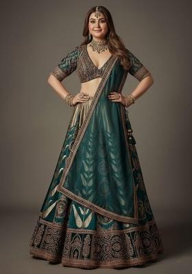 Green Zari Work Silk Blend Lahenga Set