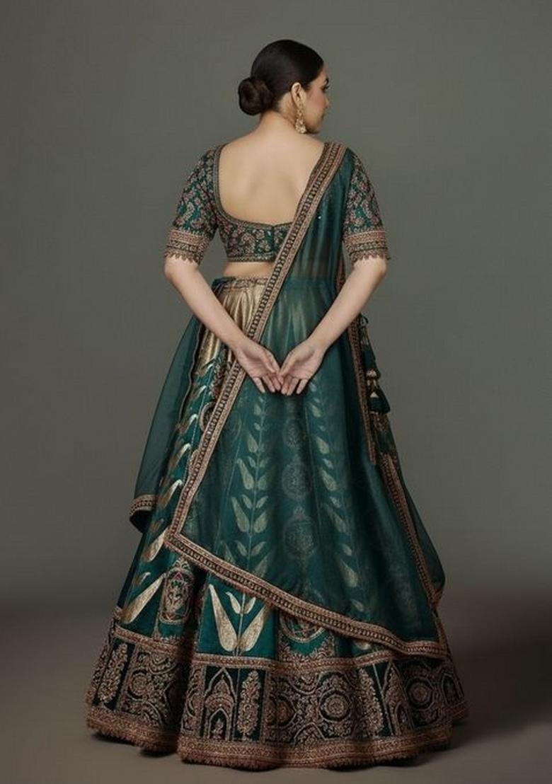 Green Zari Work Silk Blend Lahenga Set - Indya