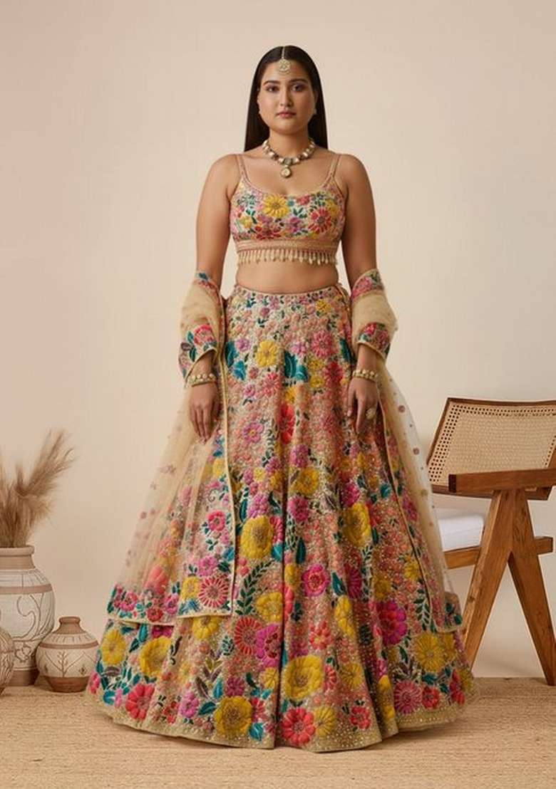 Brown Sequins Work Net Lahenga Set - Indya