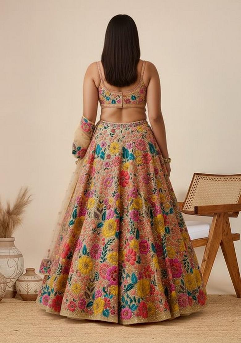 Brown Sequins Work Net Lahenga Set - Indya