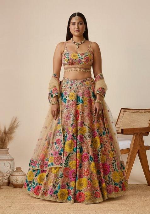 Brown Sequins Work Net Lahenga Set
