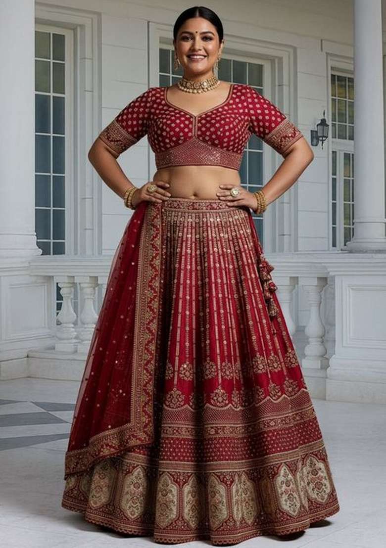 Maroon Sequins Work Silk Blend Lahenga Set - Indya