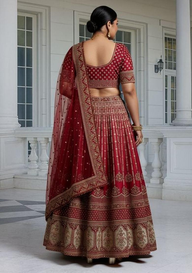 Maroon Sequins Work Silk Blend Lahenga Set - Indya