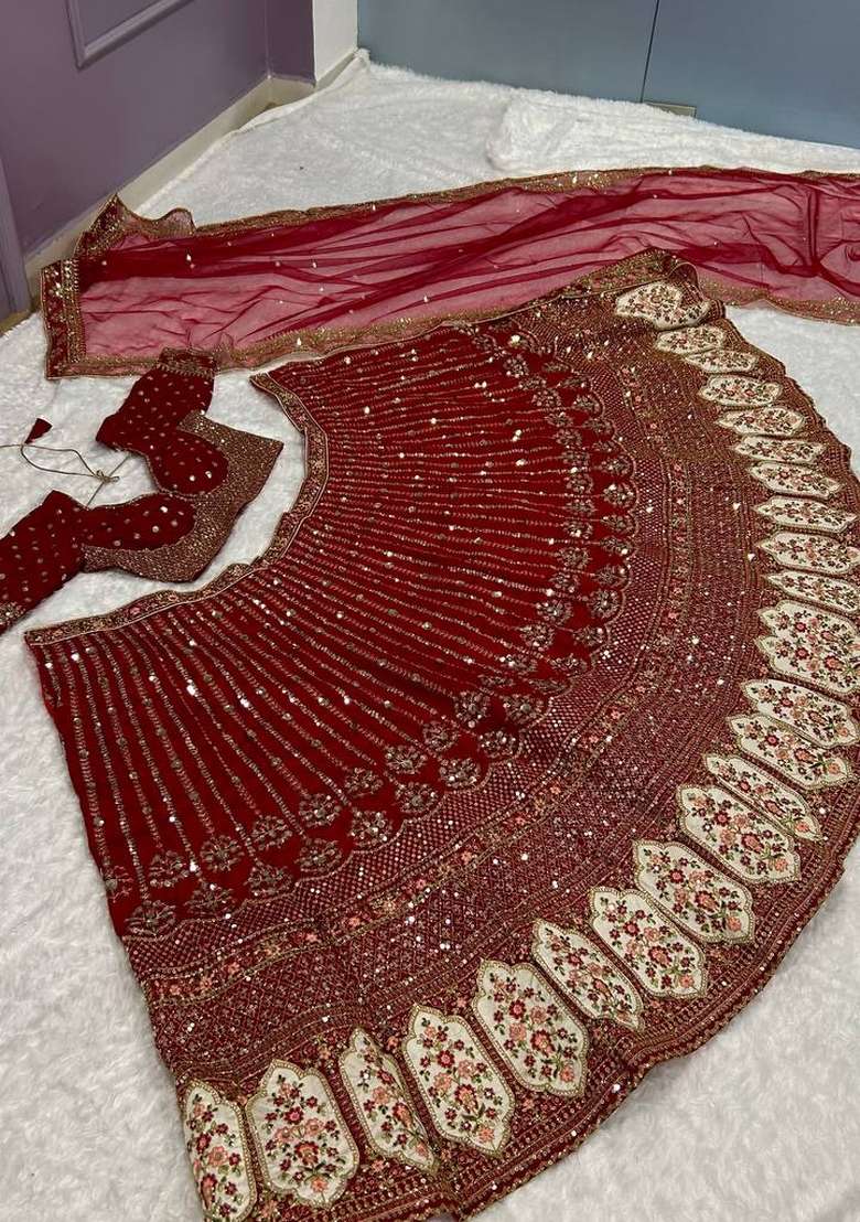 Maroon Sequins Work Silk Blend Lahenga Set - Indya
