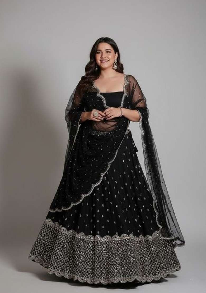Black Sequins Work Georgette Lahenga Set for Diwali | Wedding & Festive Wear - Indya