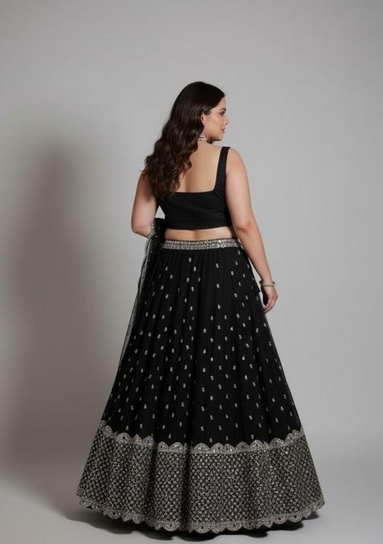 Black Sequins Work Georgette Lahenga Set - Indya