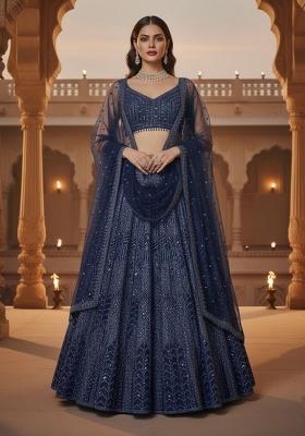 Blue Embroidered Georgette Lahenga Set