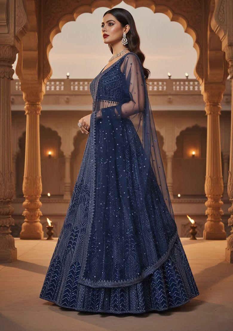 Blue Embroidered Georgette Lahenga Set - Indya