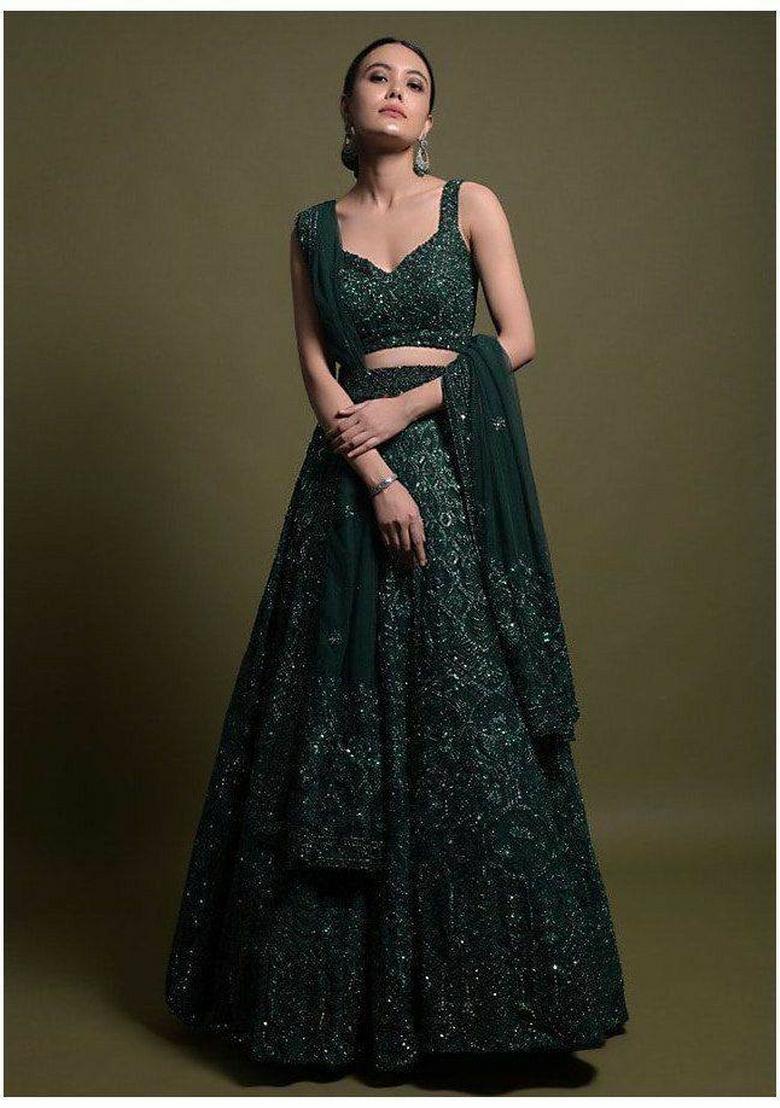 Green Sequins Work Silk Blend Lahenga Set - Indya