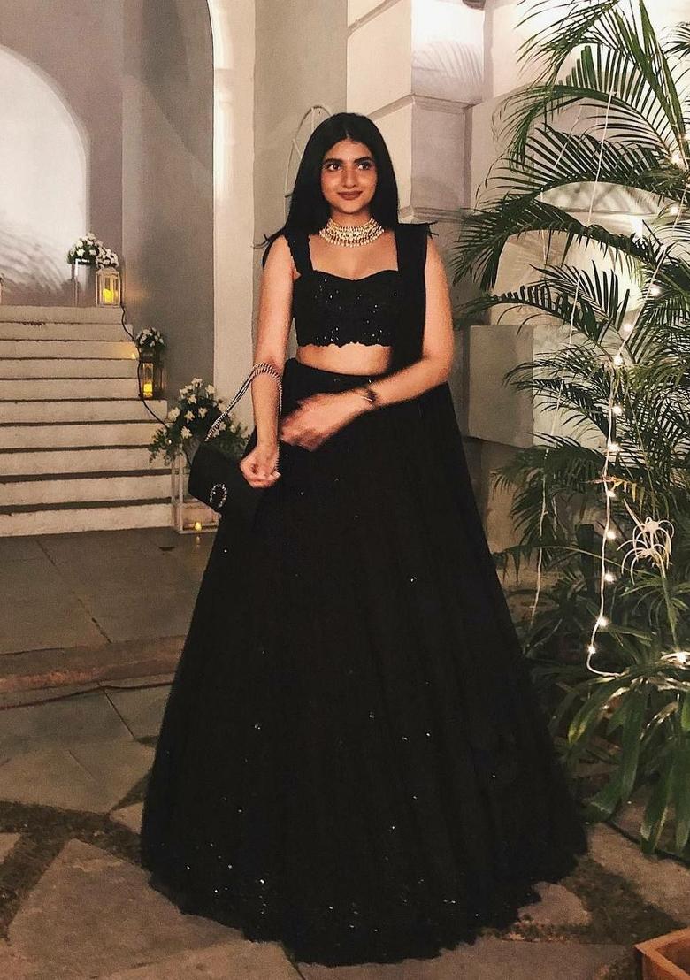 Black Sequins Work Georgette Lahenga Set - Indya