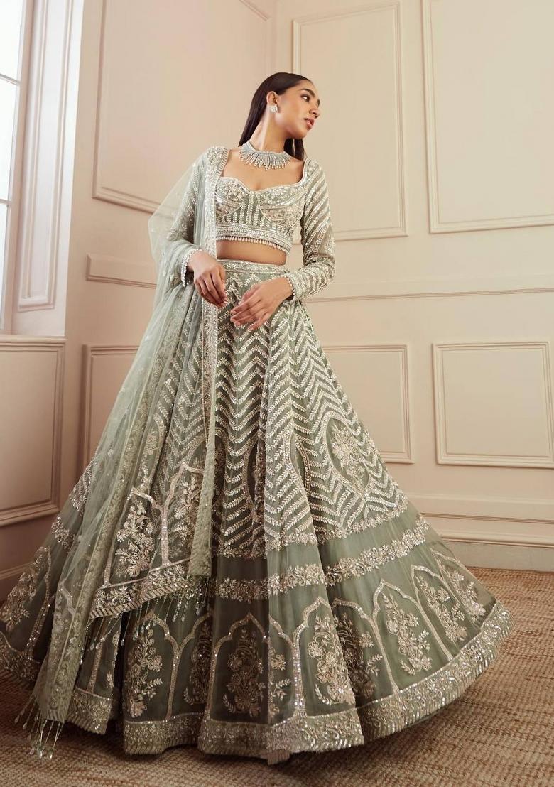 Pista Sequins Work Georgette Lahenga Set - Indya