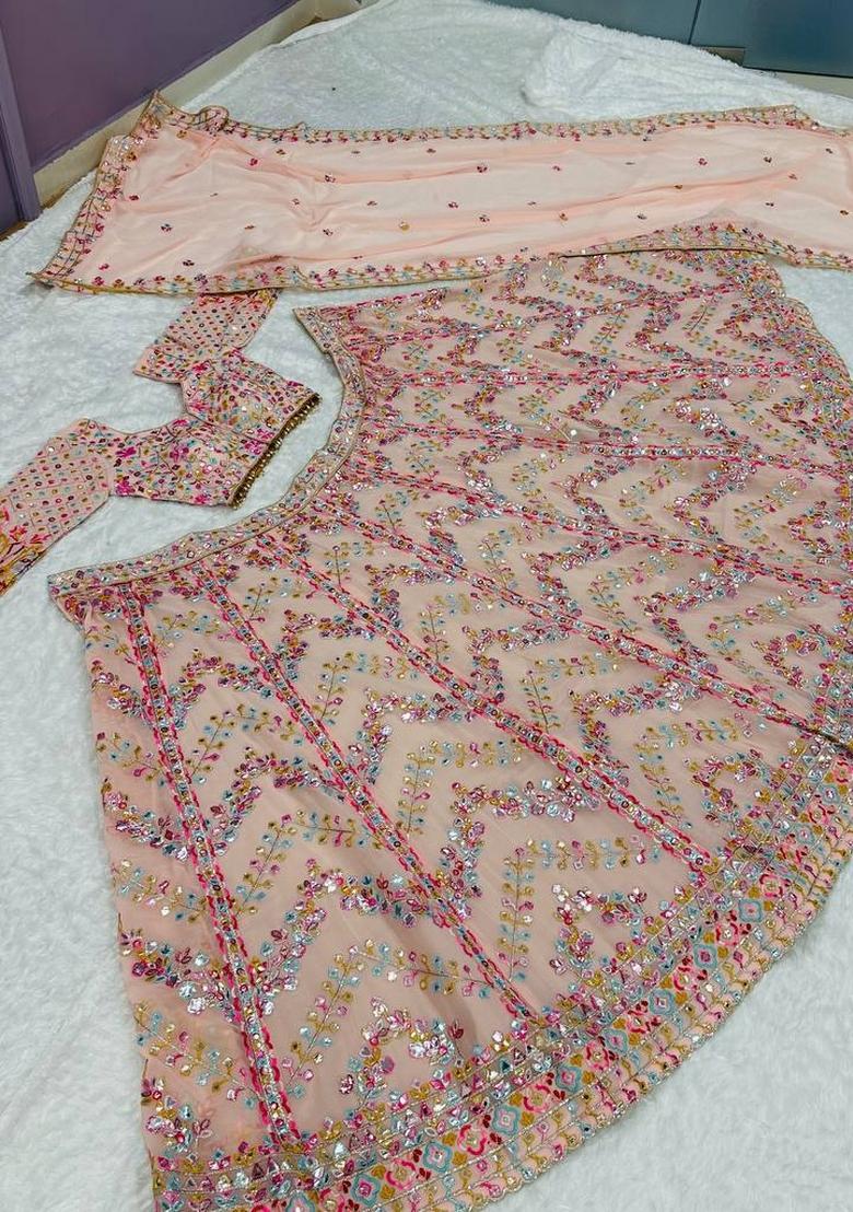 Light Pink Mirror Work Georgette Lahenga Set - Indya