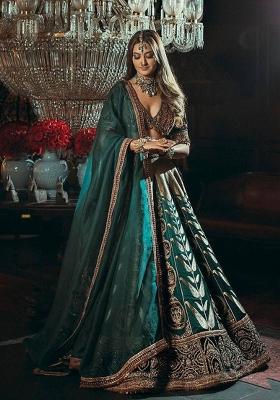 Green Zari Work Silk Blend Lahenga Set