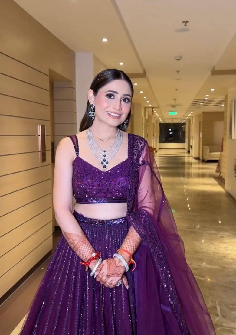 Wine Sequins Work Net Lahenga Set - Indya