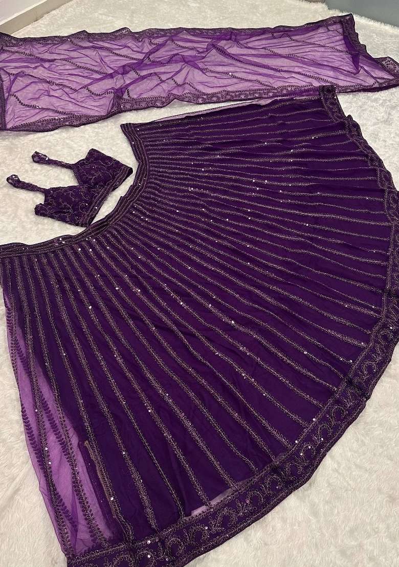 Wine Sequins Work Net Lahenga Set for Diwali | Wedding & Festive Wear - Indya