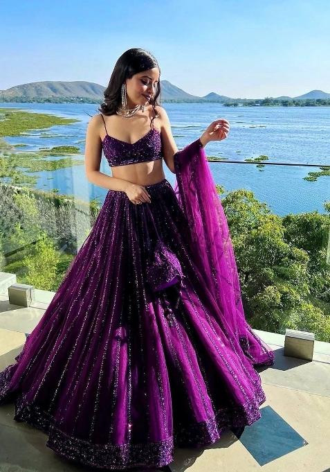 Wine Sequins Work Net Lahenga Set
