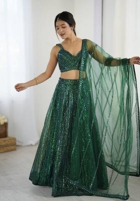 Green Sequins Work Net Lahenga Set