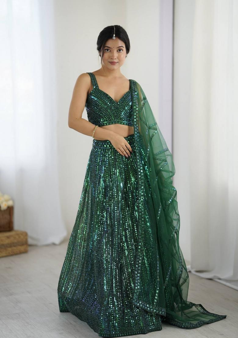Green Sequins Work Net Lahenga Set - Indya