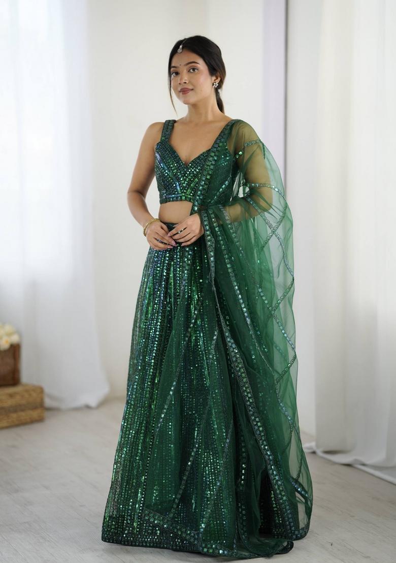 Green Sequins Work Net Lahenga Set - Indya