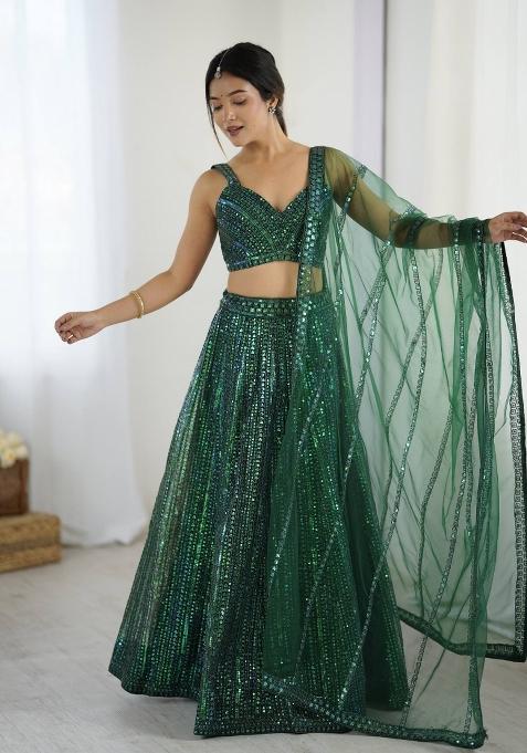 Green Sequins Work Net Lahenga Set