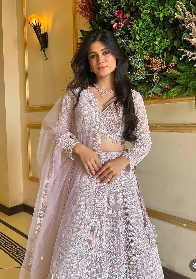 Light Pink Sequins Work Net Lahenga Set - Indya