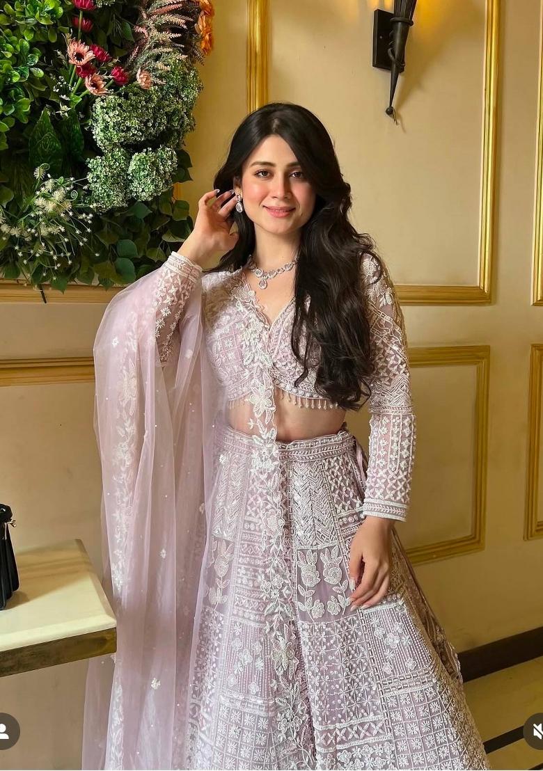 Light Pink Sequins Work Net Lahenga Set - Indya
