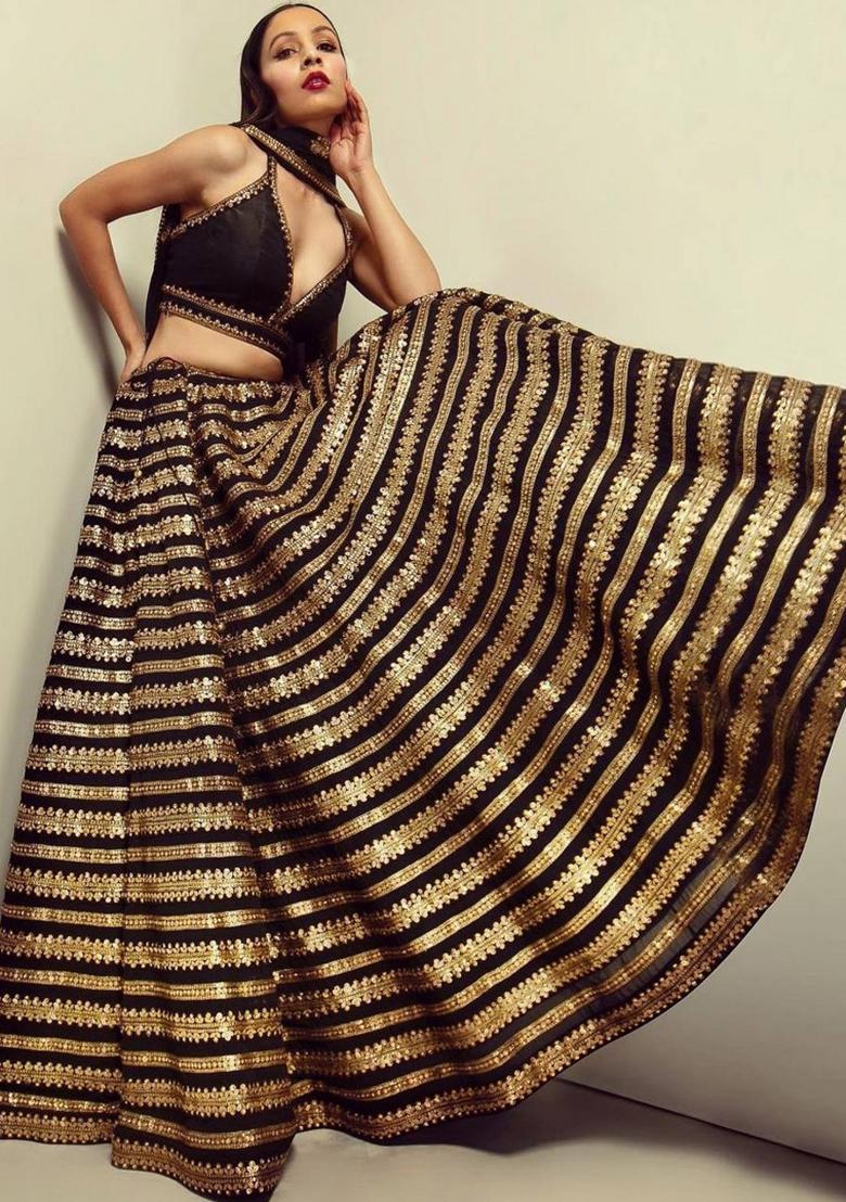 Black Sequins Work Silk Blend Lahenga Set - Indya