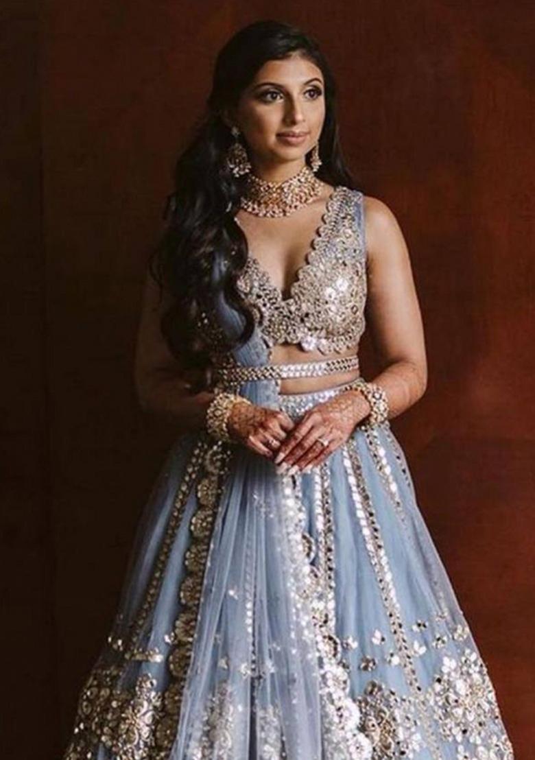 Grey Zari Work Georgette Lahenga Set - Indya