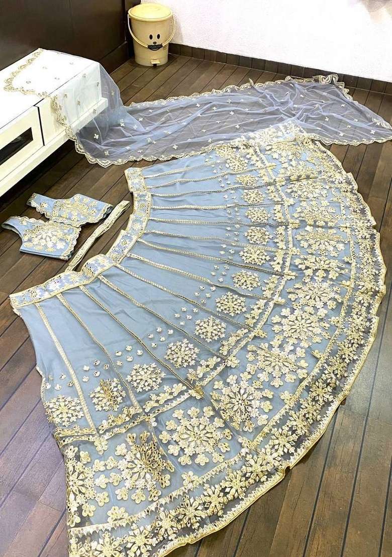 Grey Zari Work Georgette Lahenga Set for Diwali and Festive Wear - Indya