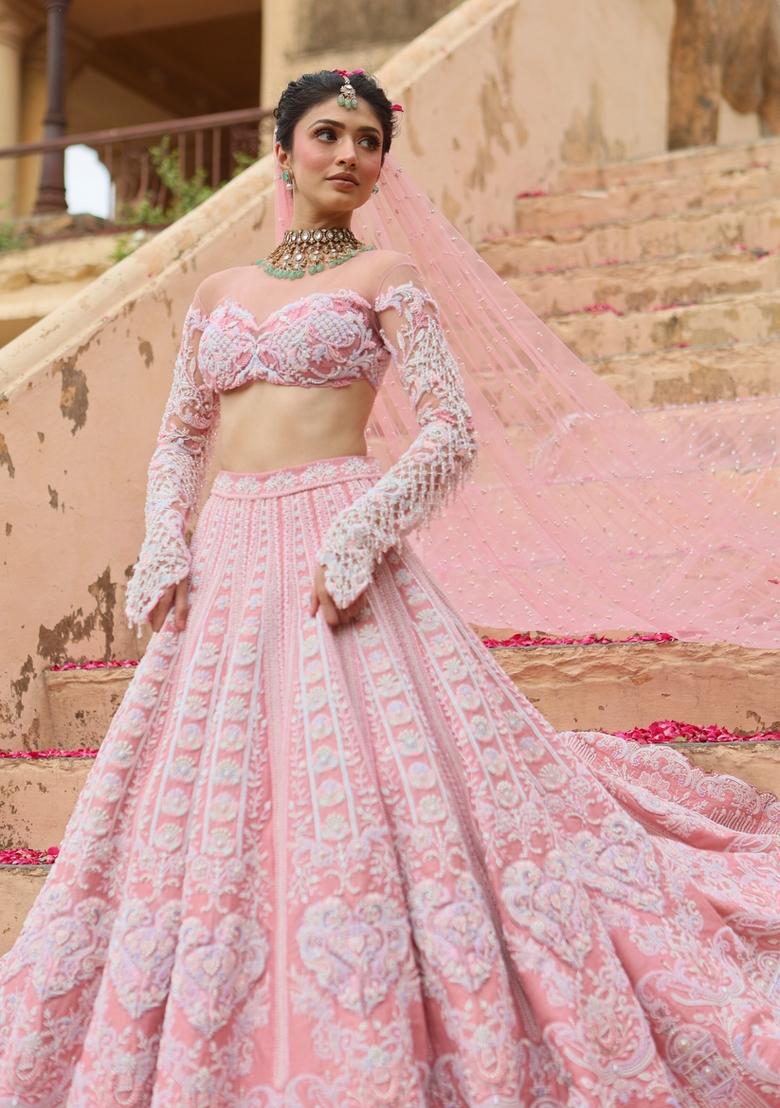 Light Pink Sequins Work Silk Blend Lahenga Set - Indya