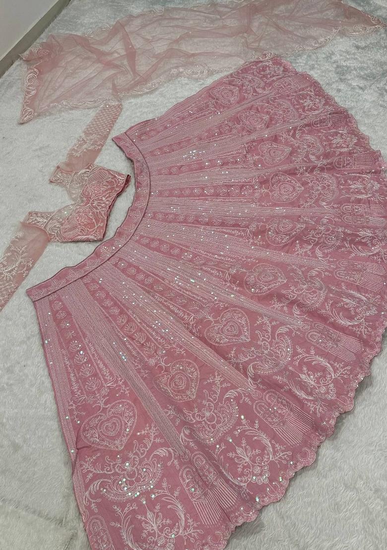 Light Pink Sequins Work Silk Blend Lahenga Set - Indya