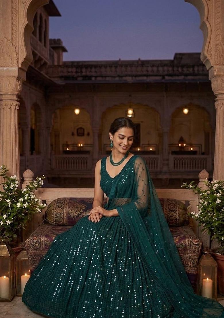 Green Sequins Work Georgette Lahenga Set - Indya
