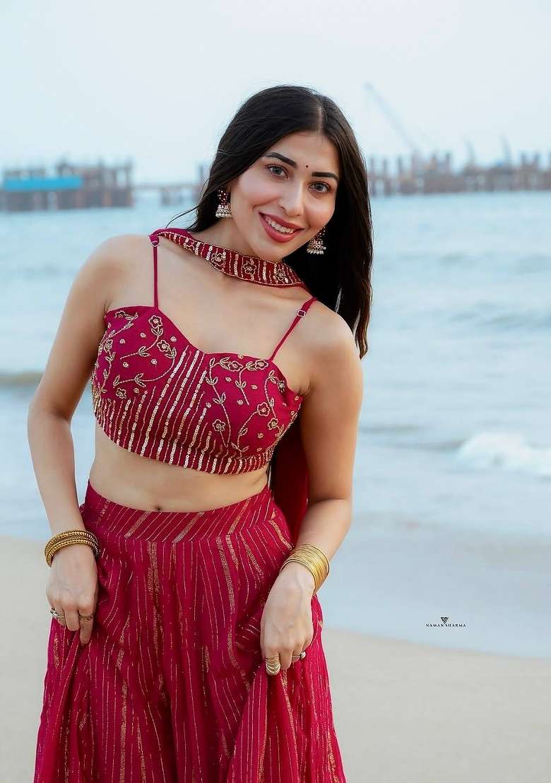 Red Dori Work Georgette Lahenga Set for Diwali and Festive Wear - Indya