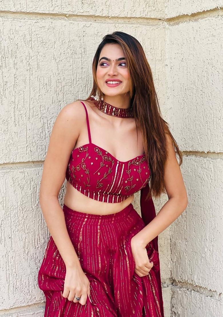 Red Dori Work Georgette Lahenga Set - Indya