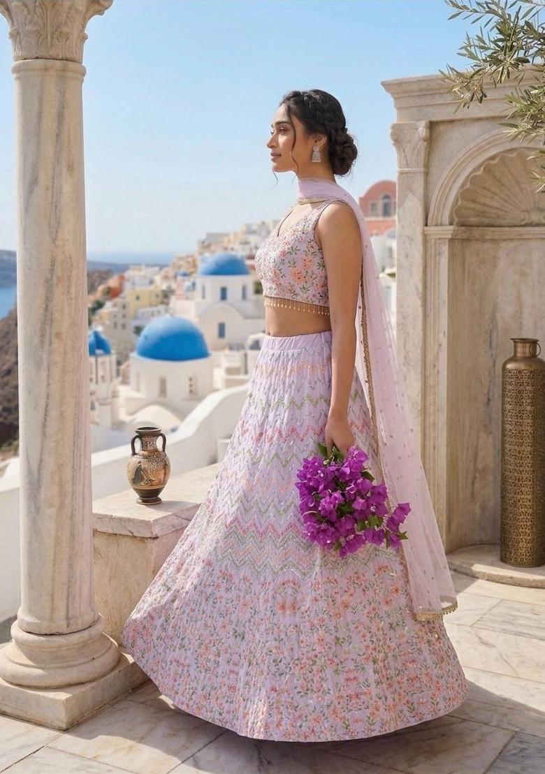 Light Purple Sequins Work Silk Blend Lahenga Set - Indya