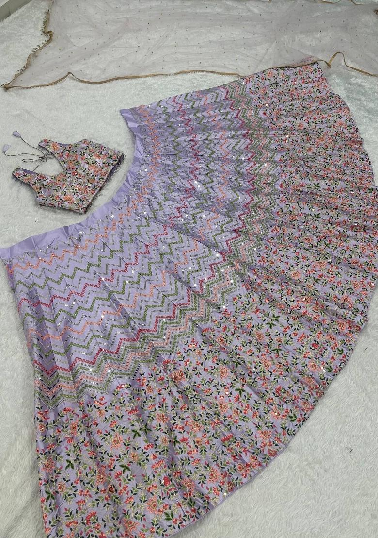Light Purple Sequins Work Silk Blend Lahenga Set - Indya