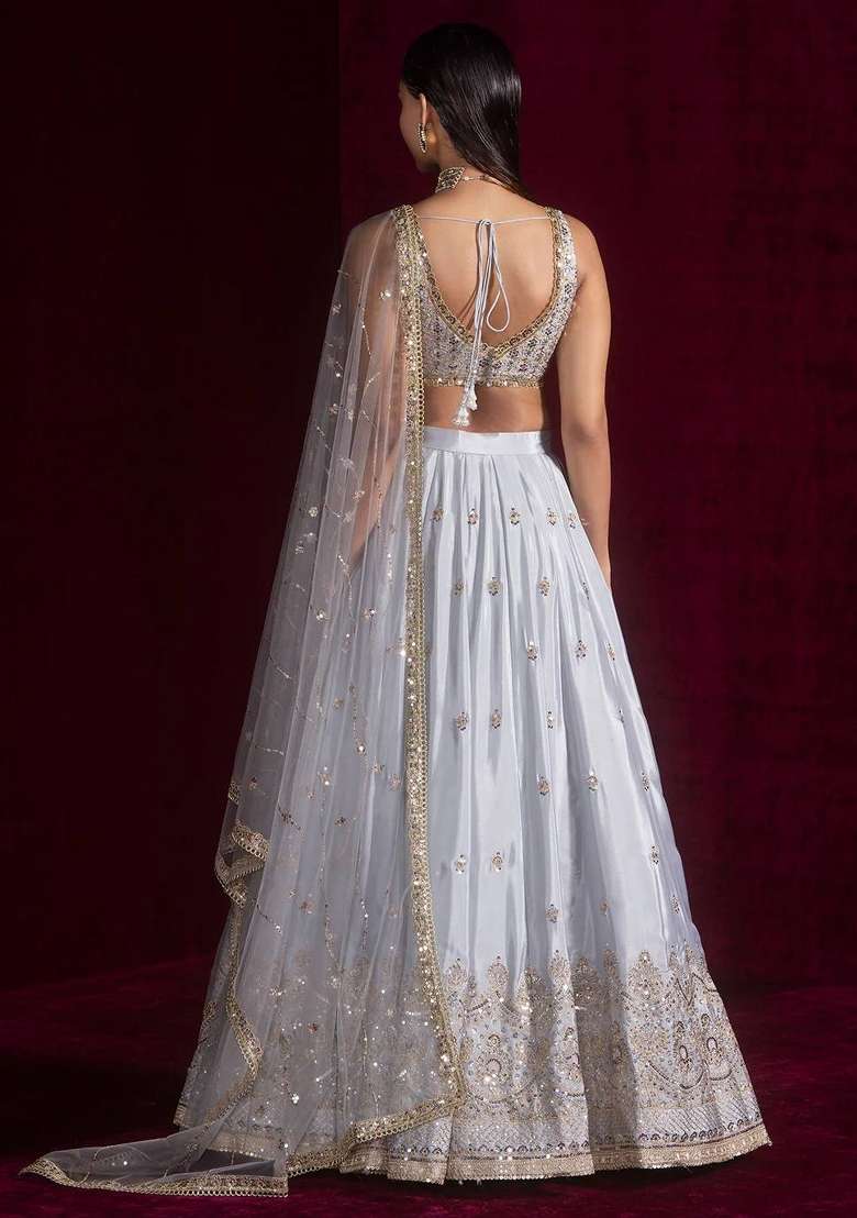 Grey Sequins Work Silk Blend Lahenga Set for Diwali | Wedding & Festive Wear - Indya