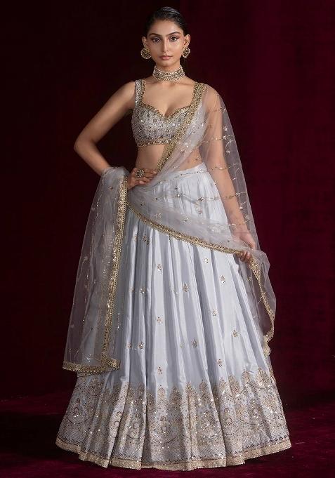 Grey Sequins Work Silk Blend Lahenga Set