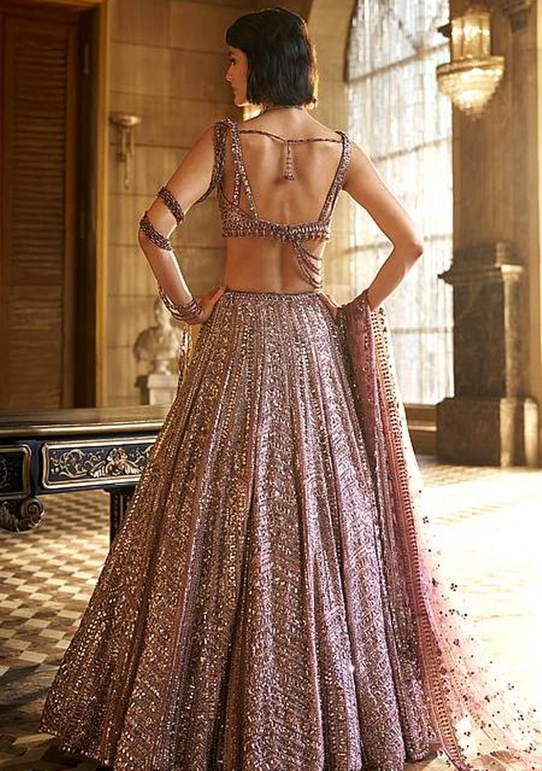 Purple Dori Work Silk Blend Lahenga Set - Indya