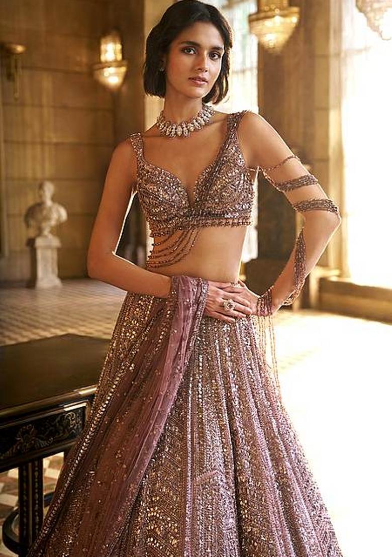 Purple Dori Work Silk Blend Lahenga Set - Indya